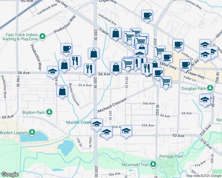 map of restaurants, bars, coffee shops, grocery stores, and more near 20125 55A Avenue in Langley