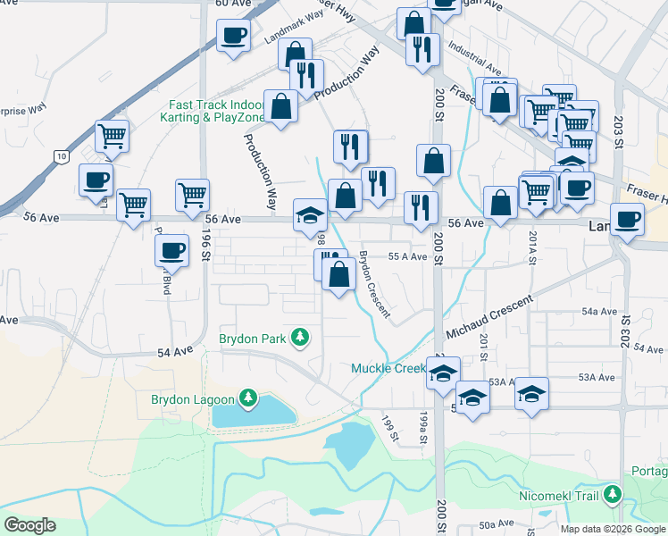 map of restaurants, bars, coffee shops, grocery stores, and more near 5516 198 Street in Langley