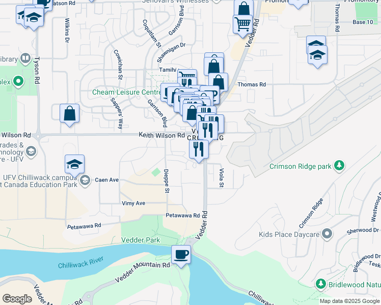 map of restaurants, bars, coffee shops, grocery stores, and more near 45511 Campus Drive in Chilliwack
