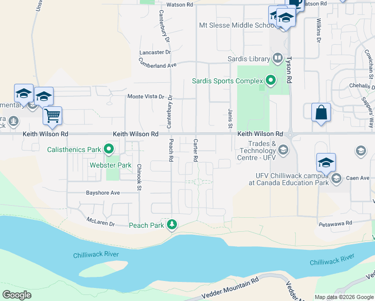 map of restaurants, bars, coffee shops, grocery stores, and more near 5556 Peach Road in Chilliwack