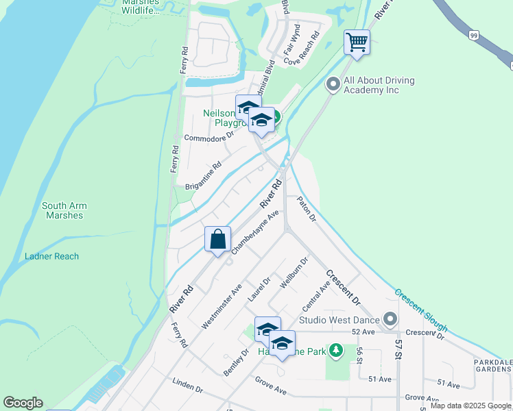 map of restaurants, bars, coffee shops, grocery stores, and more near 5447 River Road in Delta