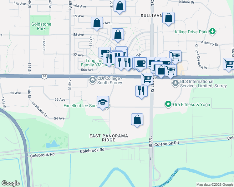 map of restaurants, bars, coffee shops, grocery stores, and more near 15061 54A Avenue in Surrey