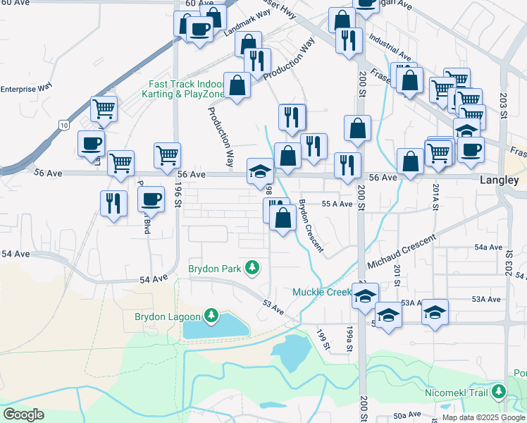 map of restaurants, bars, coffee shops, grocery stores, and more near 19790 55 A Avenue in Langley