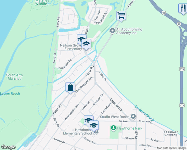 map of restaurants, bars, coffee shops, grocery stores, and more near 5463 Westminster Avenue in Delta