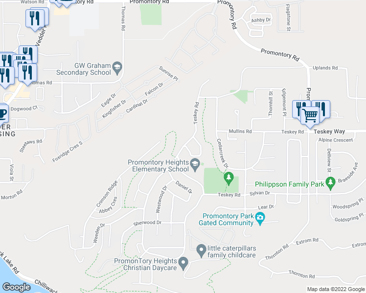 map of restaurants, bars, coffee shops, grocery stores, and more near 4562 Teskey Road in Chilliwack