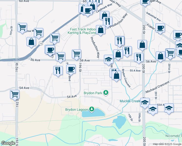 map of restaurants, bars, coffee shops, grocery stores, and more near 19670 55 A Avenue in Langley