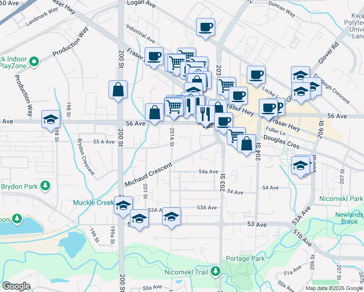 map of restaurants, bars, coffee shops, grocery stores, and more near 5568 201A Street in Langley