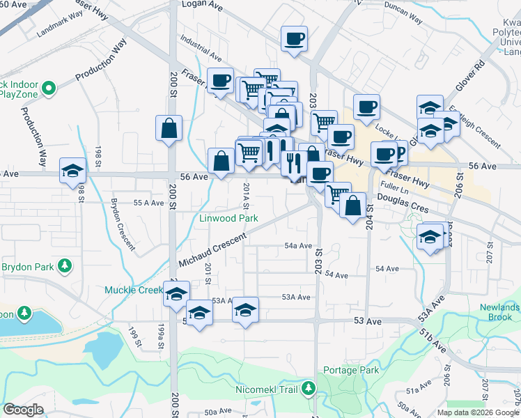 map of restaurants, bars, coffee shops, grocery stores, and more near 20217 Michaud Crescent in Langley