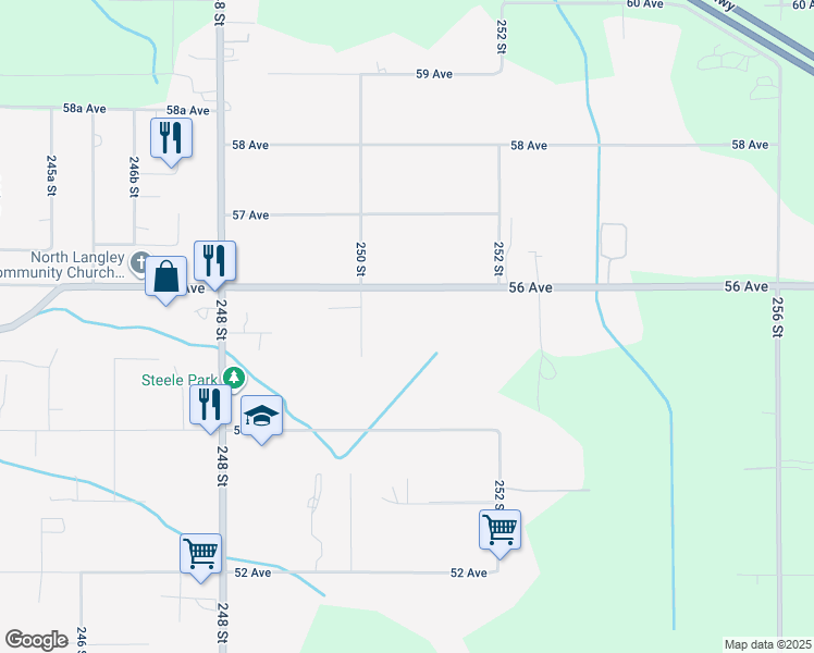 map of restaurants, bars, coffee shops, grocery stores, and more near 5488 250 Street in Langley Township
