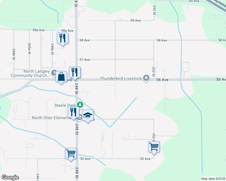 map of restaurants, bars, coffee shops, grocery stores, and more near 5535 250 Street in Langley