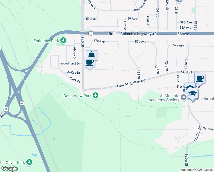map of restaurants, bars, coffee shops, grocery stores, and more near 12123 New McLellan Road in Surrey