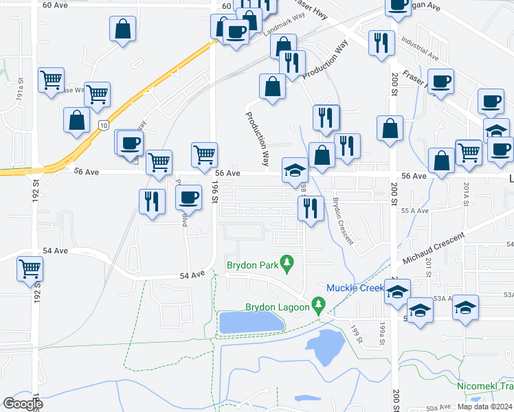 map of restaurants, bars, coffee shops, grocery stores, and more near 19704 55 A Avenue in Langley