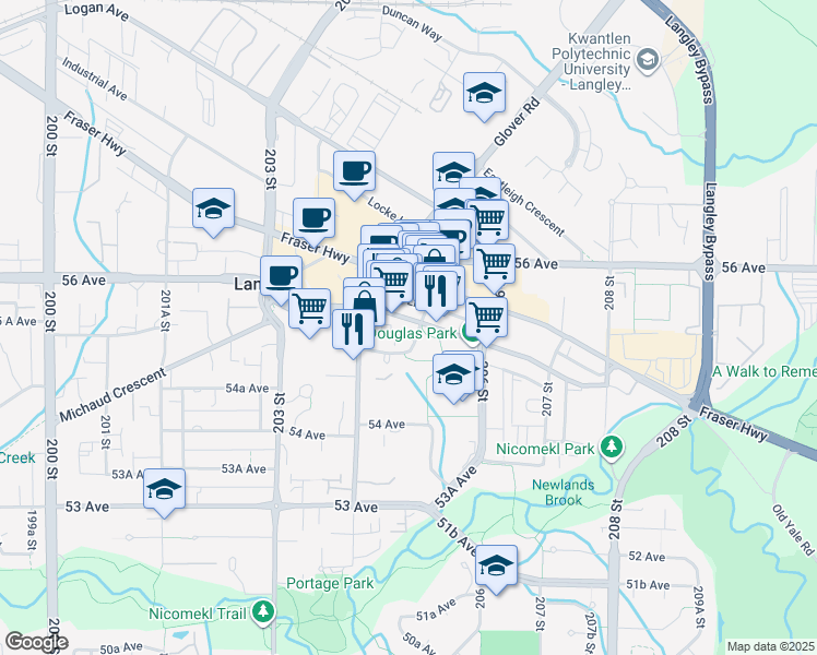 map of restaurants, bars, coffee shops, grocery stores, and more near 20460 Douglas Crescent in Langley