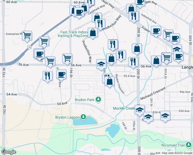 map of restaurants, bars, coffee shops, grocery stores, and more near 19752 55 A Avenue in Langley