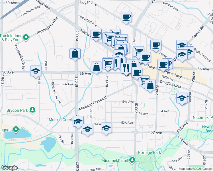 map of restaurants, bars, coffee shops, grocery stores, and more near 20145 55A Avenue in Langley