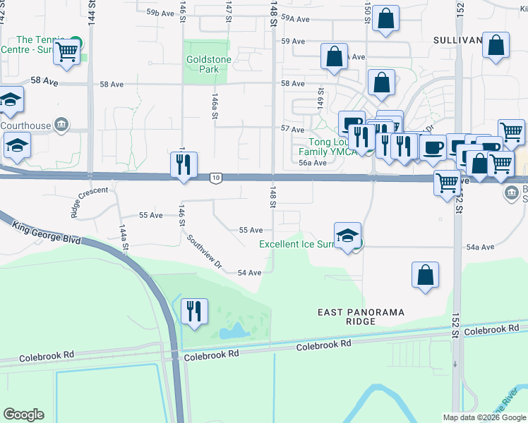 map of restaurants, bars, coffee shops, grocery stores, and more near 5527 148 Street in Surrey