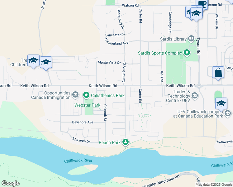 map of restaurants, bars, coffee shops, grocery stores, and more near 5545 Peach Road in Chilliwack