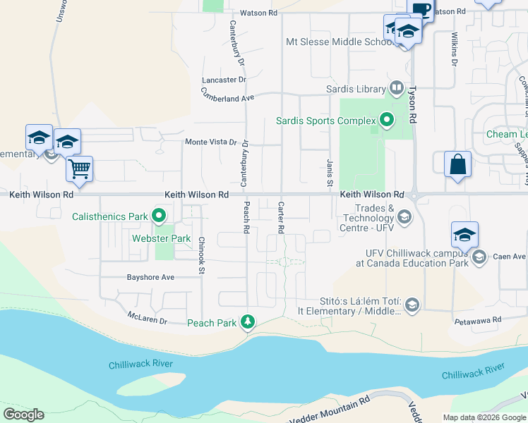 map of restaurants, bars, coffee shops, grocery stores, and more near 5556 Peach Road in Chilliwack