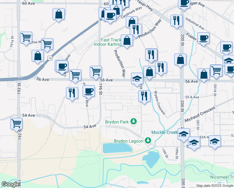 map of restaurants, bars, coffee shops, grocery stores, and more near 19670 55 A Avenue in Langley