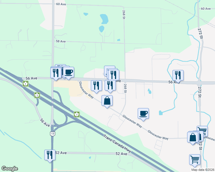 map of restaurants, bars, coffee shops, grocery stores, and more near 26730 56 Avenue in Langley Township