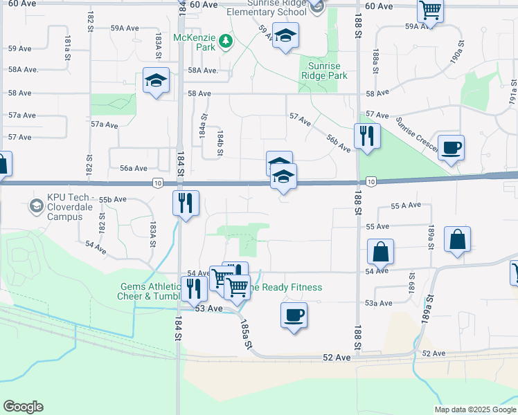 map of restaurants, bars, coffee shops, grocery stores, and more near 18575 55 Avenue in Surrey