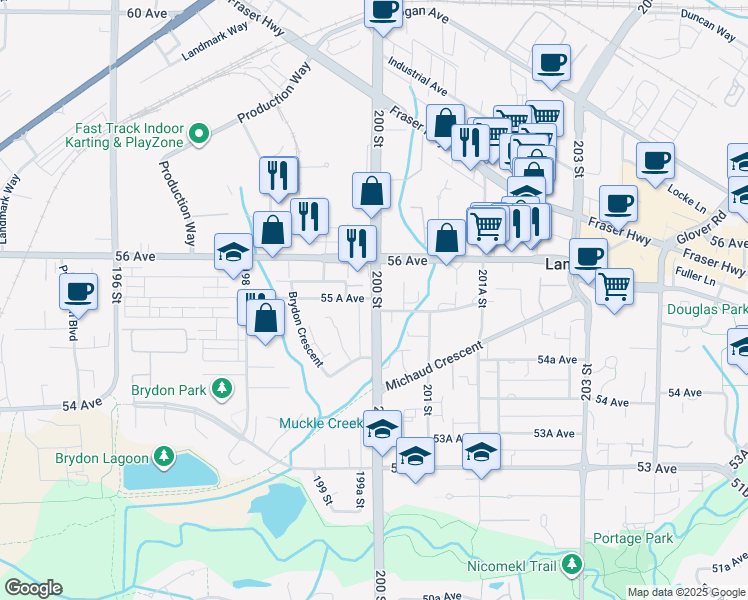 map of restaurants, bars, coffee shops, grocery stores, and more near 19953 55A Avenue in Langley