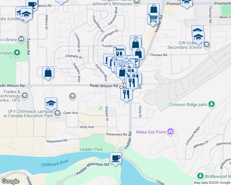 map of restaurants, bars, coffee shops, grocery stores, and more near Dundurn Avenue in Chilliwack