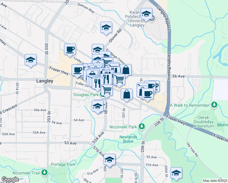 map of restaurants, bars, coffee shops, grocery stores, and more near 20644 Fraser Highway in Langley