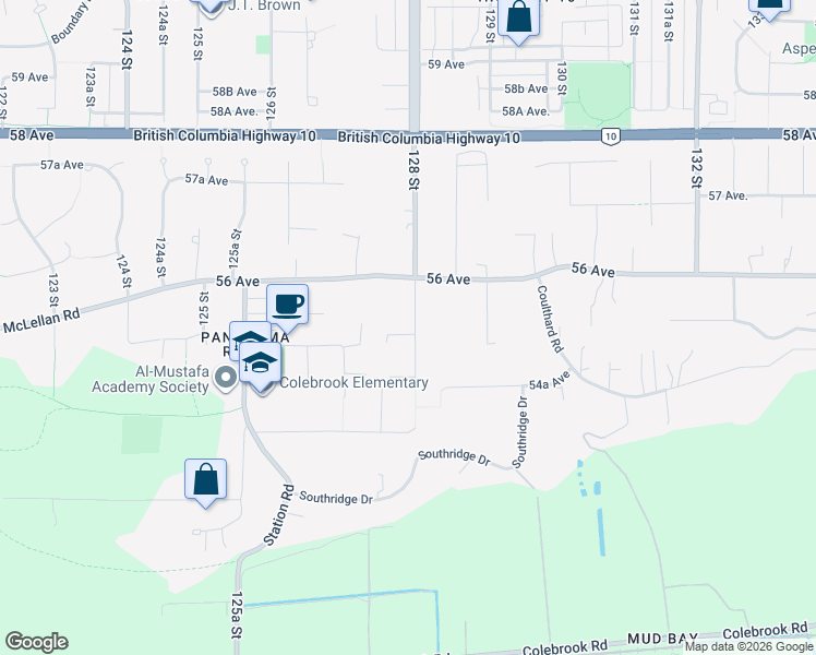 map of restaurants, bars, coffee shops, grocery stores, and more near 5511 128 Street in Surrey