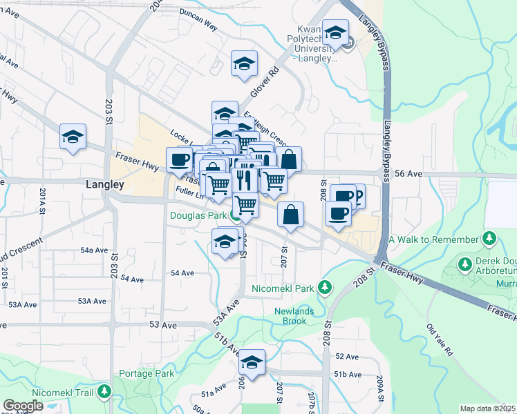 map of restaurants, bars, coffee shops, grocery stores, and more near 5560 206 Street in Langley