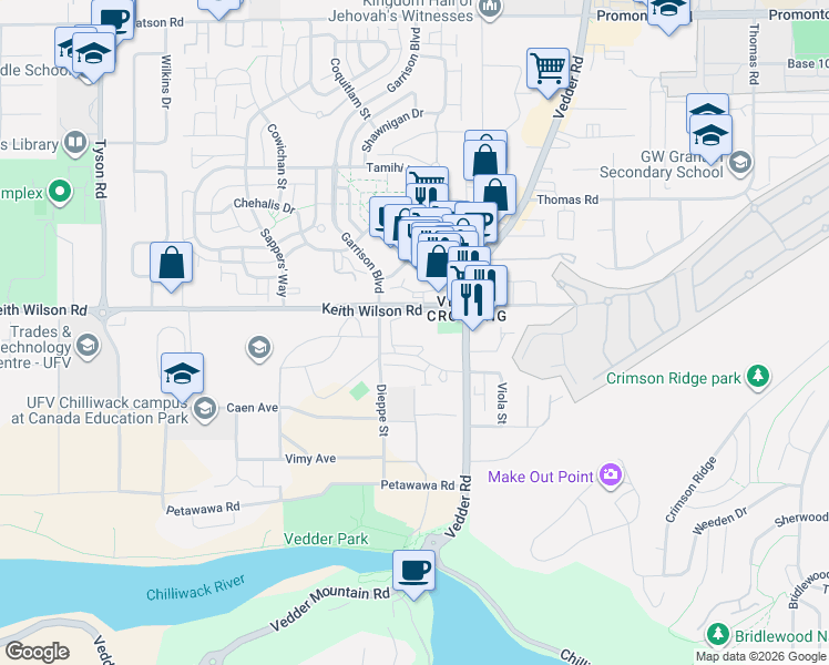 map of restaurants, bars, coffee shops, grocery stores, and more near 45505 Campus Drive in Chilliwack