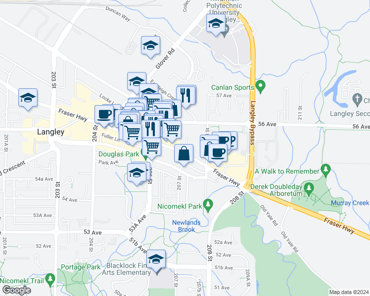 map of restaurants, bars, coffee shops, grocery stores, and more near 20723 Fraser Highway in Langley