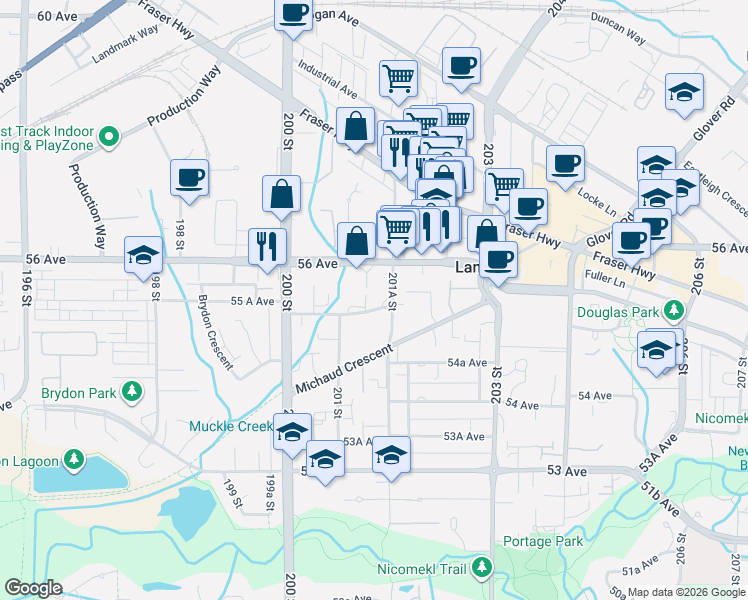 map of restaurants, bars, coffee shops, grocery stores, and more near in Langley