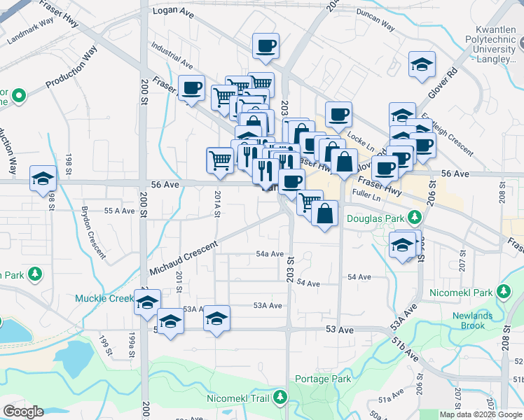 map of restaurants, bars, coffee shops, grocery stores, and more near in Langley