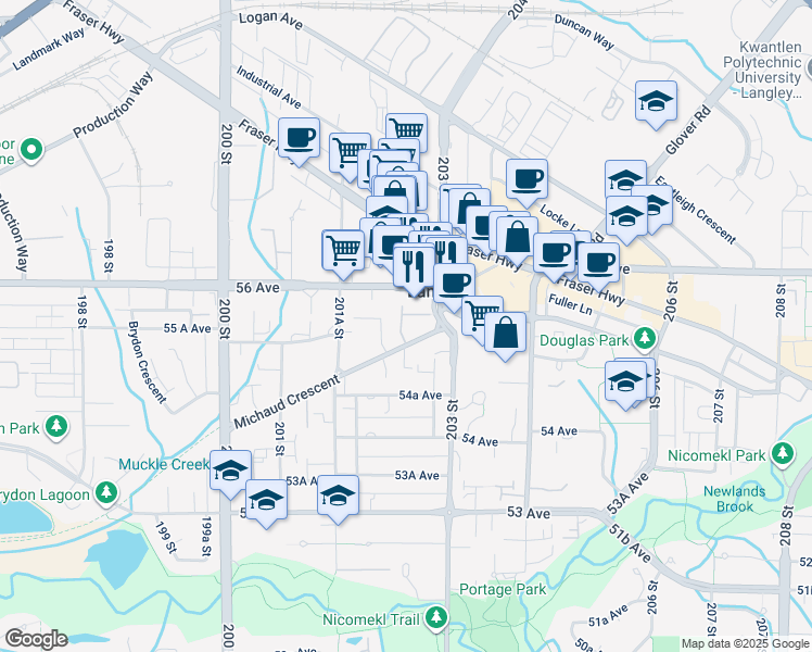 map of restaurants, bars, coffee shops, grocery stores, and more near 20239 Michaud Crescent in Langley