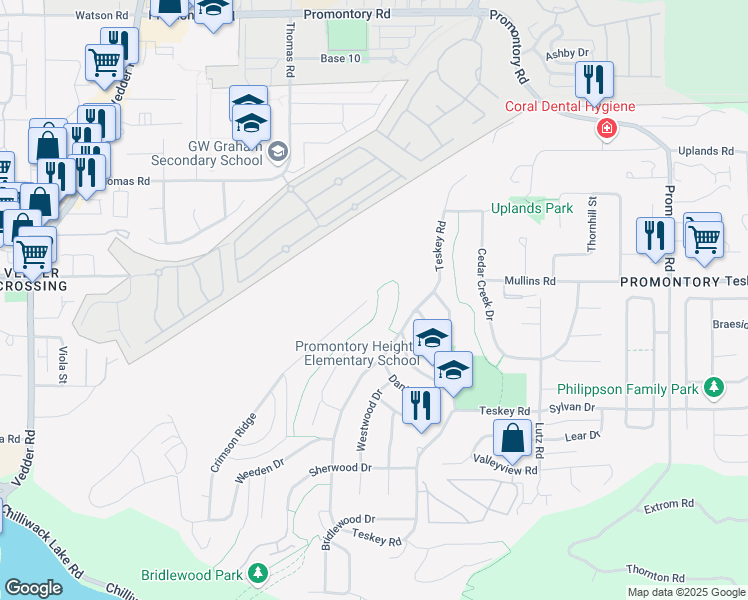 map of restaurants, bars, coffee shops, grocery stores, and more near 5686 Crimson Ridge in Chilliwack