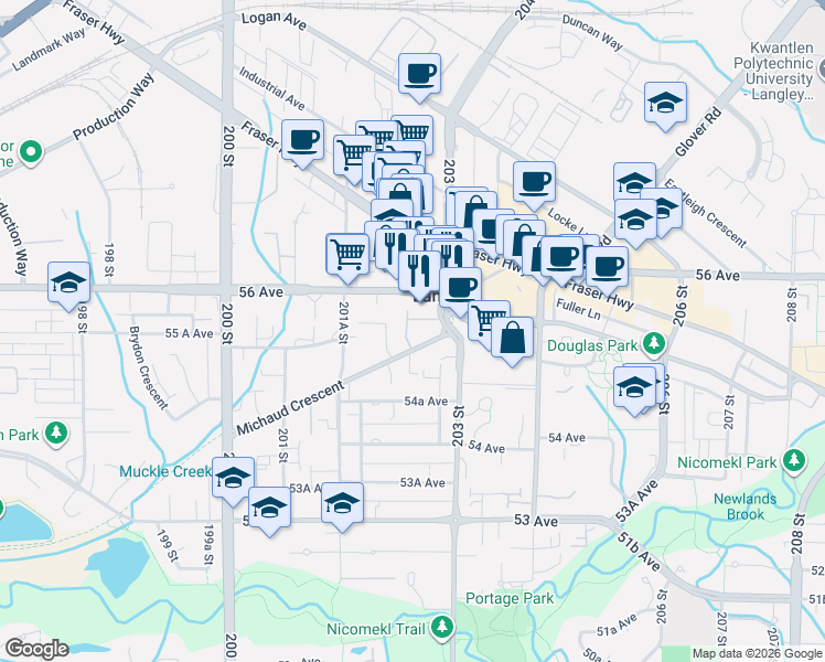 map of restaurants, bars, coffee shops, grocery stores, and more near 20239 Michaud Crescent in Langley