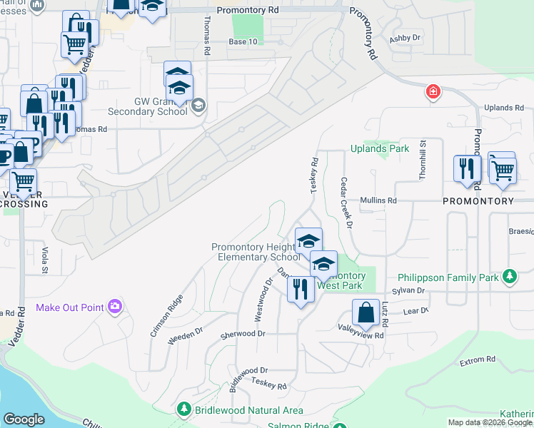 map of restaurants, bars, coffee shops, grocery stores, and more near 5686 Crimson Ridge in Chilliwack
