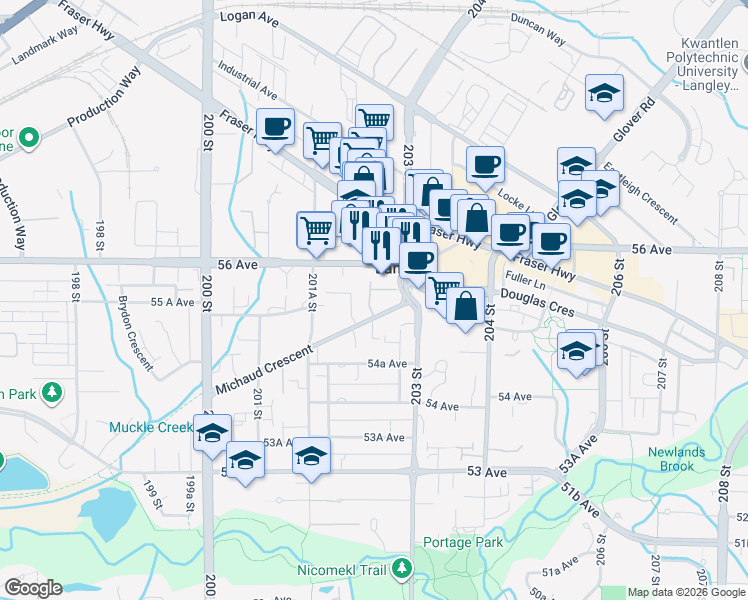 map of restaurants, bars, coffee shops, grocery stores, and more near 20239 Michaud Crescent in Langley