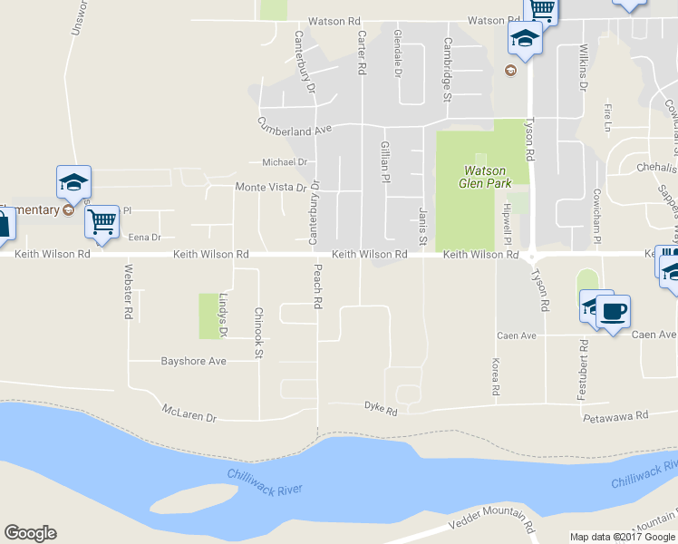 map of restaurants, bars, coffee shops, grocery stores, and more near 5607 Montesina Place in Chilliwack