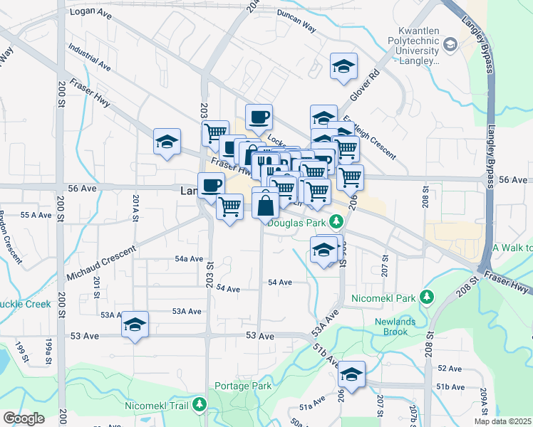 map of restaurants, bars, coffee shops, grocery stores, and more near 20404 Douglas Crescent in Langley