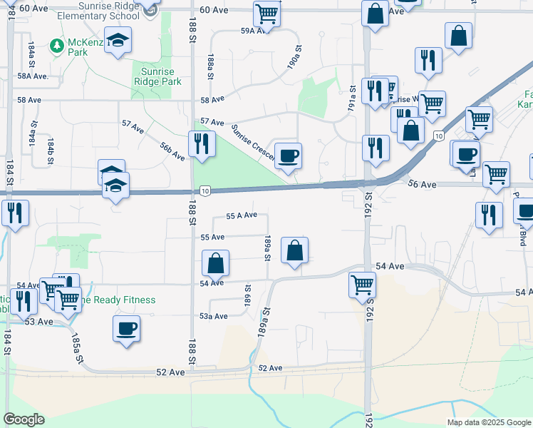 map of restaurants, bars, coffee shops, grocery stores, and more near 18977 55A Avenue in Surrey