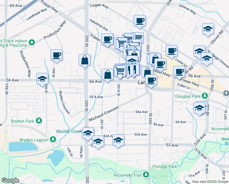map of restaurants, bars, coffee shops, grocery stores, and more near 20145 55 A Avenue in Langley City