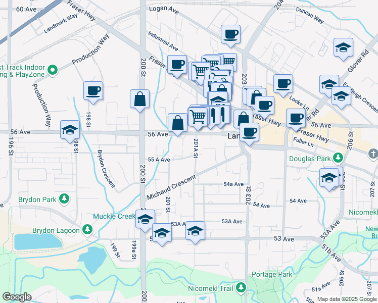 map of restaurants, bars, coffee shops, grocery stores, and more near in Langley