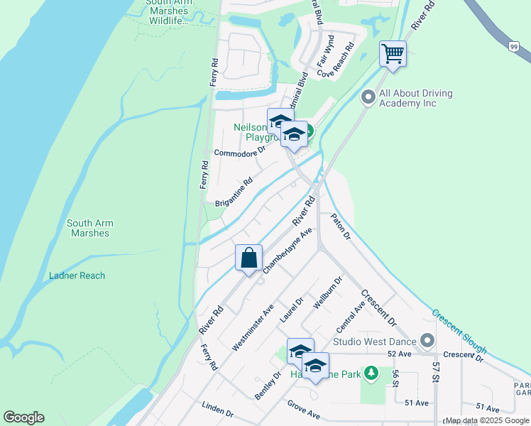 map of restaurants, bars, coffee shops, grocery stores, and more near 5535 Spinnaker Bay in Delta
