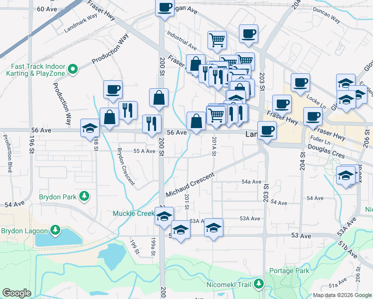 map of restaurants, bars, coffee shops, grocery stores, and more near 20061 55 A Avenue in Langley