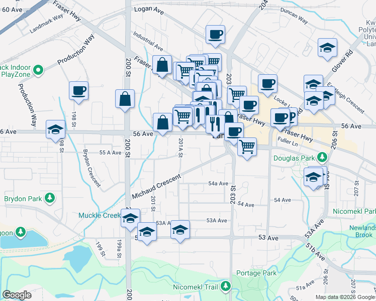 map of restaurants, bars, coffee shops, grocery stores, and more near 5568 201A Street in Langley