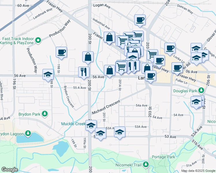 map of restaurants, bars, coffee shops, grocery stores, and more near 20125 55 A Avenue in Langley