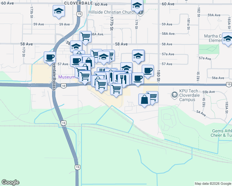 map of restaurants, bars, coffee shops, grocery stores, and more near 17790 British Columbia 10 in Surrey