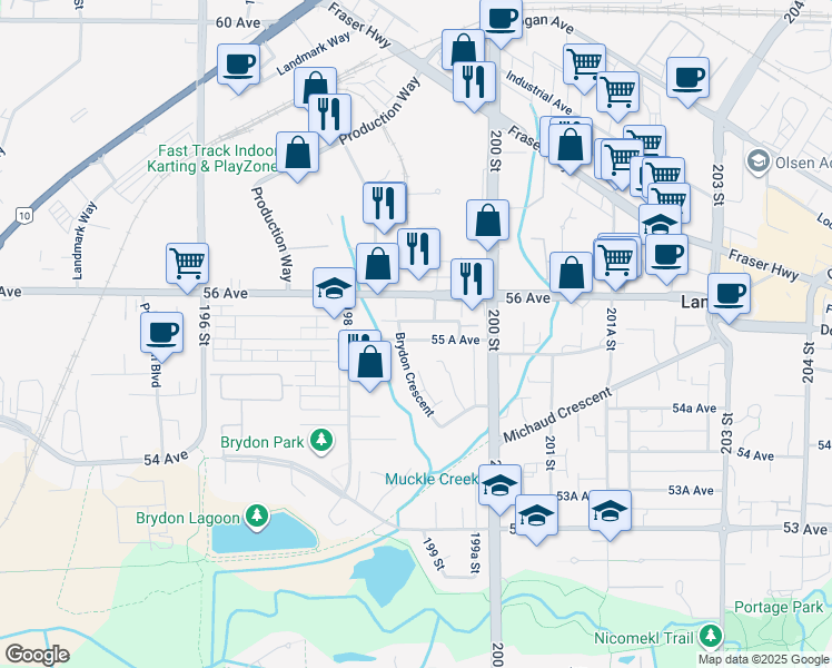 map of restaurants, bars, coffee shops, grocery stores, and more near 19899 55 A Avenue in Langley